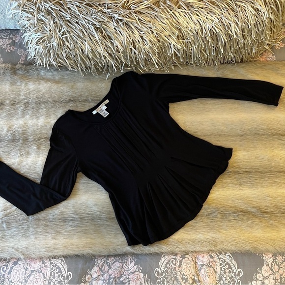 Vintage MAX STUDIO Black Long Sleeve Stretch Pleated Peplum Scoop Neck M Loose - Picture 6 of 15